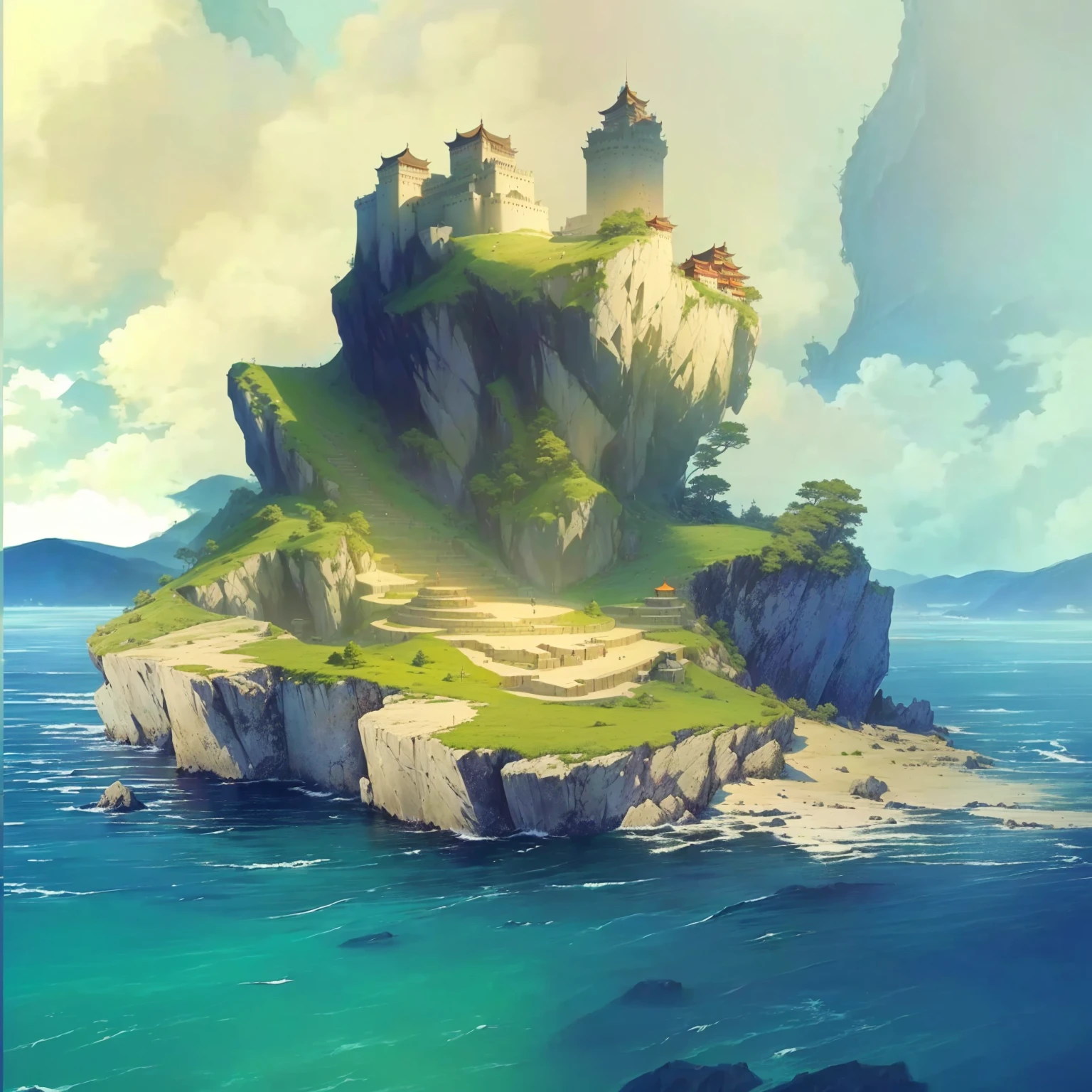 There is a small island，上面有建筑遗迹 author Raymond Han, A beautiful artistic illustration, Feiyun Castle, author Ryan Yee, Andreas Rocha style, Ross Chen. Landscape background, Inspired by Andreas Rocha, Epic painting of the island, Beautiful Numbers, author：Alexander Jean, Andreas Rocha's style