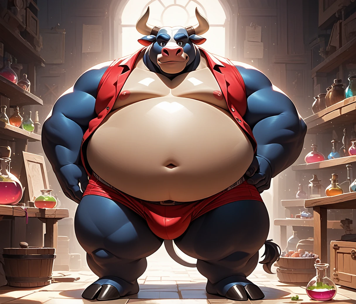 (cute, fat, obese, anthro, male, bull), full body, nude, red vest, red briefs, potion, alchemy shop, fantasy background, hires textures, highly detailed, intricate details, best quality, masterpiece, bright lighting, detailxl, zPDXL2