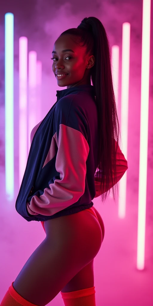 brand cover, HUGE ASS, BIG HUGE BOOTY paired with thin tapered tiny waist, shapely dark skin Goddess, sports jacket paired with long leg warmers, volumetric fog, stunning 8 K, 🥳 , neon walls, up lit, face cinematic lit, beautiful detailed eyes, beautiful detailed lips, extremely detailed face and eyes, long eyelashes, happy expression, detailed clothing, realistic lighting, no nudity