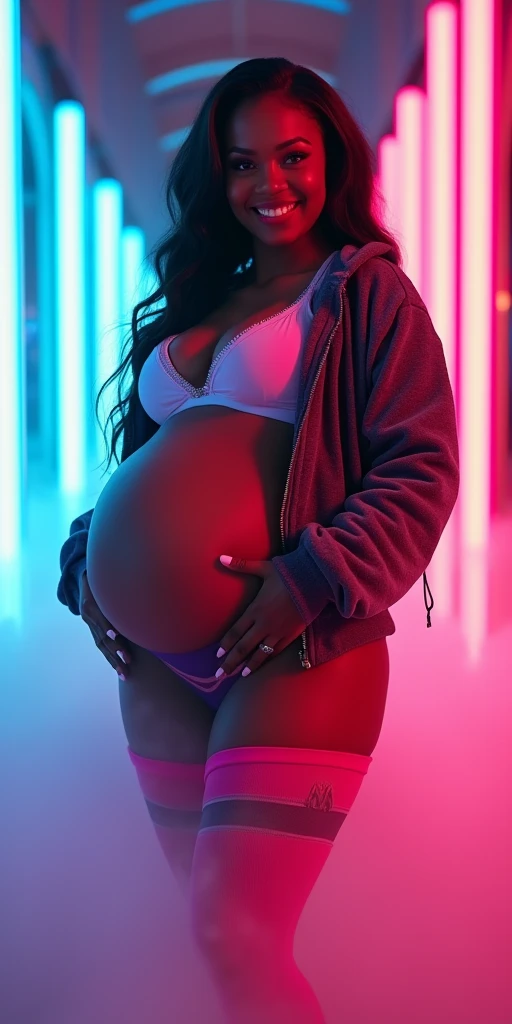 brand cover, HUGE ASS, BIG HUGE BOOTY paired with thin tapered tiny waist, shapely dark skin Goddess, sports jacket paired with long leg warmers, volumetric fog, stunning 8 K, 🥳 , neon walls, up lit, face cinematic lit, beautiful detailed eyes, beautiful detailed lips, extremely detailed face and eyes, long eyelashes, happy expression, detailed clothing, realistic lighting, no nudity  