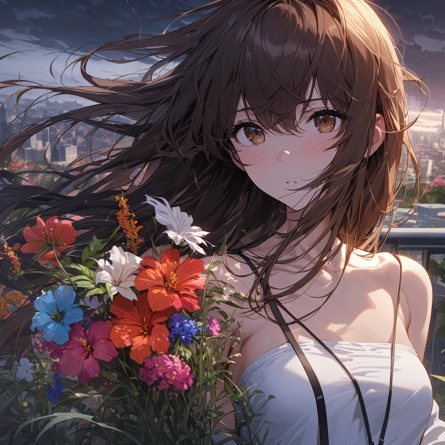 Best quality, masterpiece, close up, from above, colorful flowers, tropical plants, weeds, windy, hair blowing in wind, very long hair, brown hair, swept bangs, brown eyes, strapless white shirt with black string, jeans, sneakers, toned arms, small breasts, dusk, city in distance, dark thunder head clouds, 