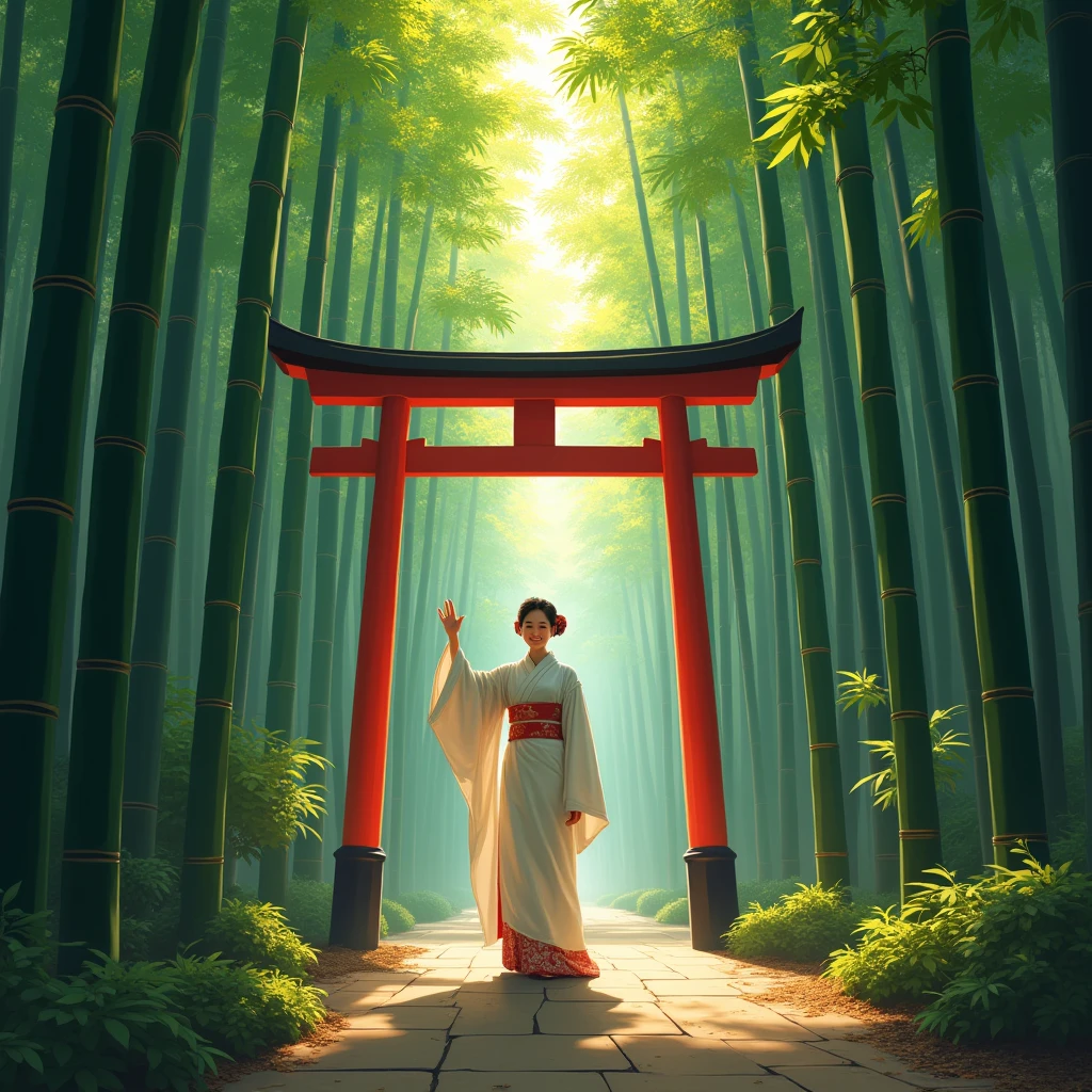 detailed bamboo forest, torii gate, person waving at the camera, white kimono, highly detailed, intricate details, cinematic lighting, dramatic lighting, volumetric lighting, photorealistic, hyper-realistic, masterpiece, digital painting, vibrant colors, warm color palette, natural scenery, serene atmosphere, peaceful ambiance