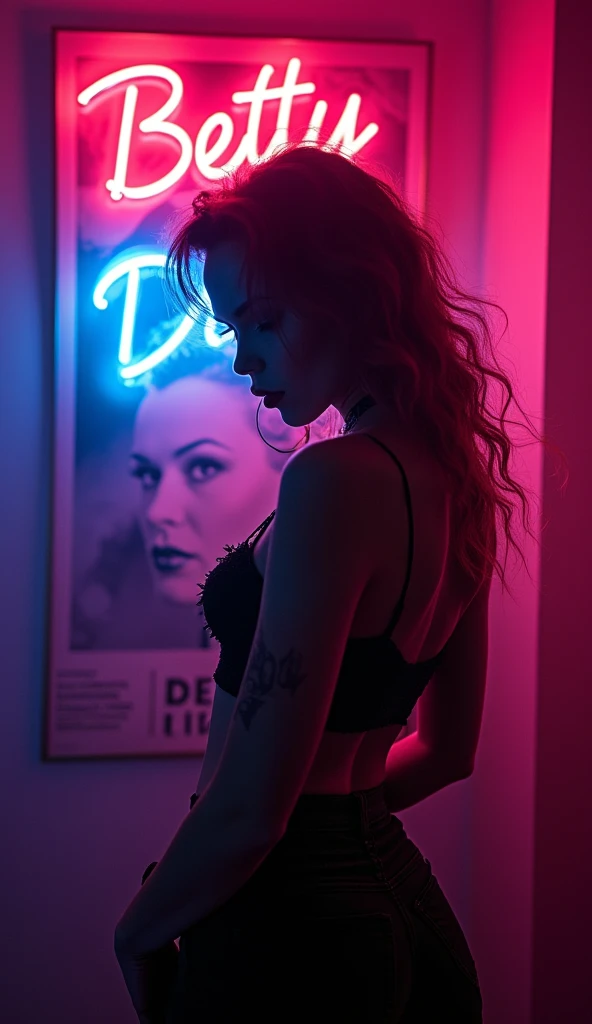 there is a woman, posing in front of a poster with Bette davis on it, frank kozik, with neon lights, angry high moral sexy werewolf, by Ignacio Zuloaga, burlesque psychobilly, sexy look, bold rave outfit, neon noir, maniac look, inspired by Tadanori Yokoo, alex yanes, by Matteo Pérez. Captured from behind.