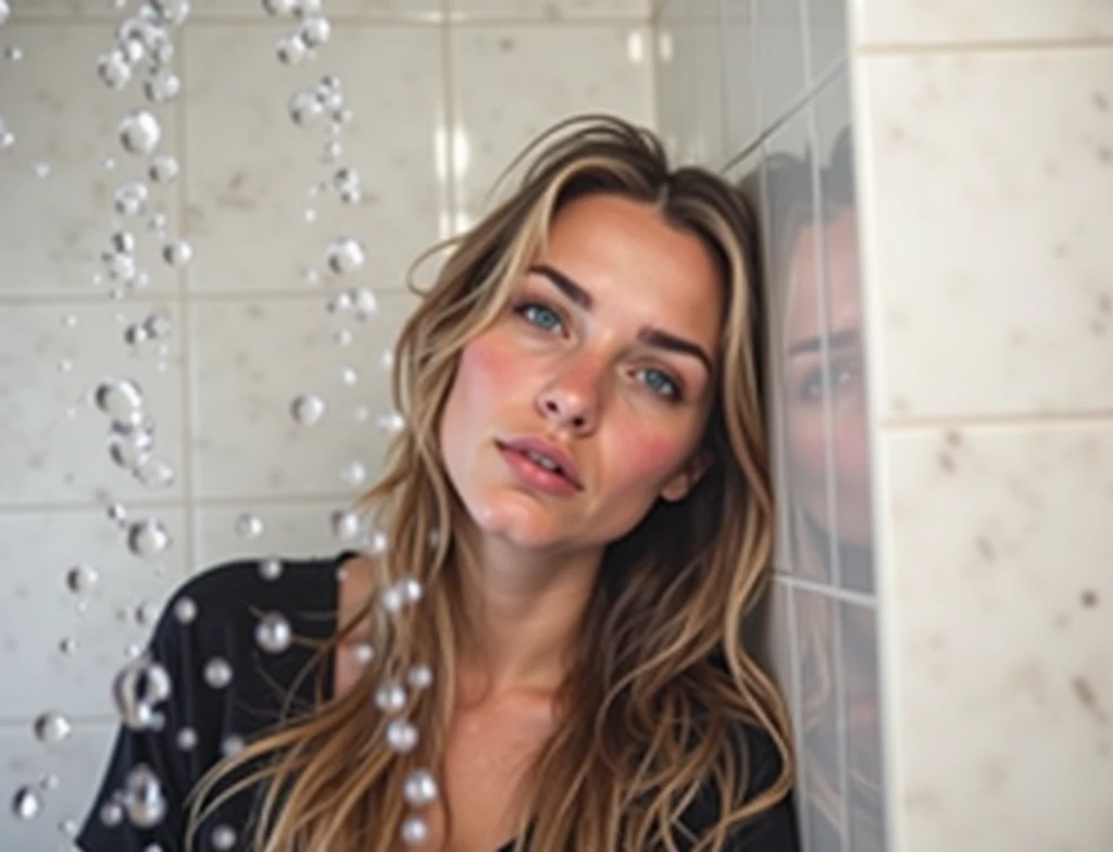 Create a young blonde with blue eyes., attractive, in the shower, full length, I'm looking from below, with medium breasts