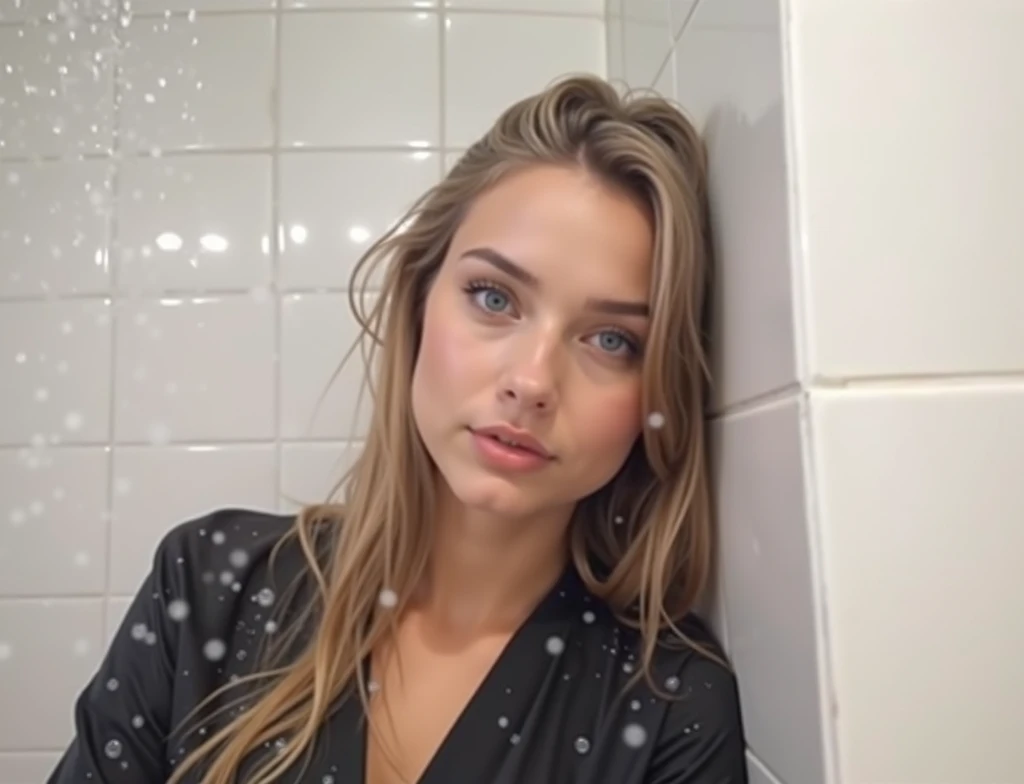 Blonde girl, subtle smile, 20 yo, wearing towel, very wet blonde hairs, after shower, iPhone mirror selfie, Instagram