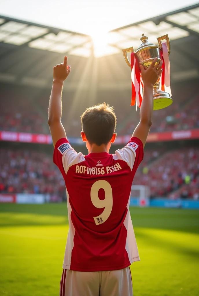 A -yeld sor player holding a trophy in his hand ,Wears a red and white jersey with the number 9,The jersey says Rot-Weiss Essen, photographed from behind 