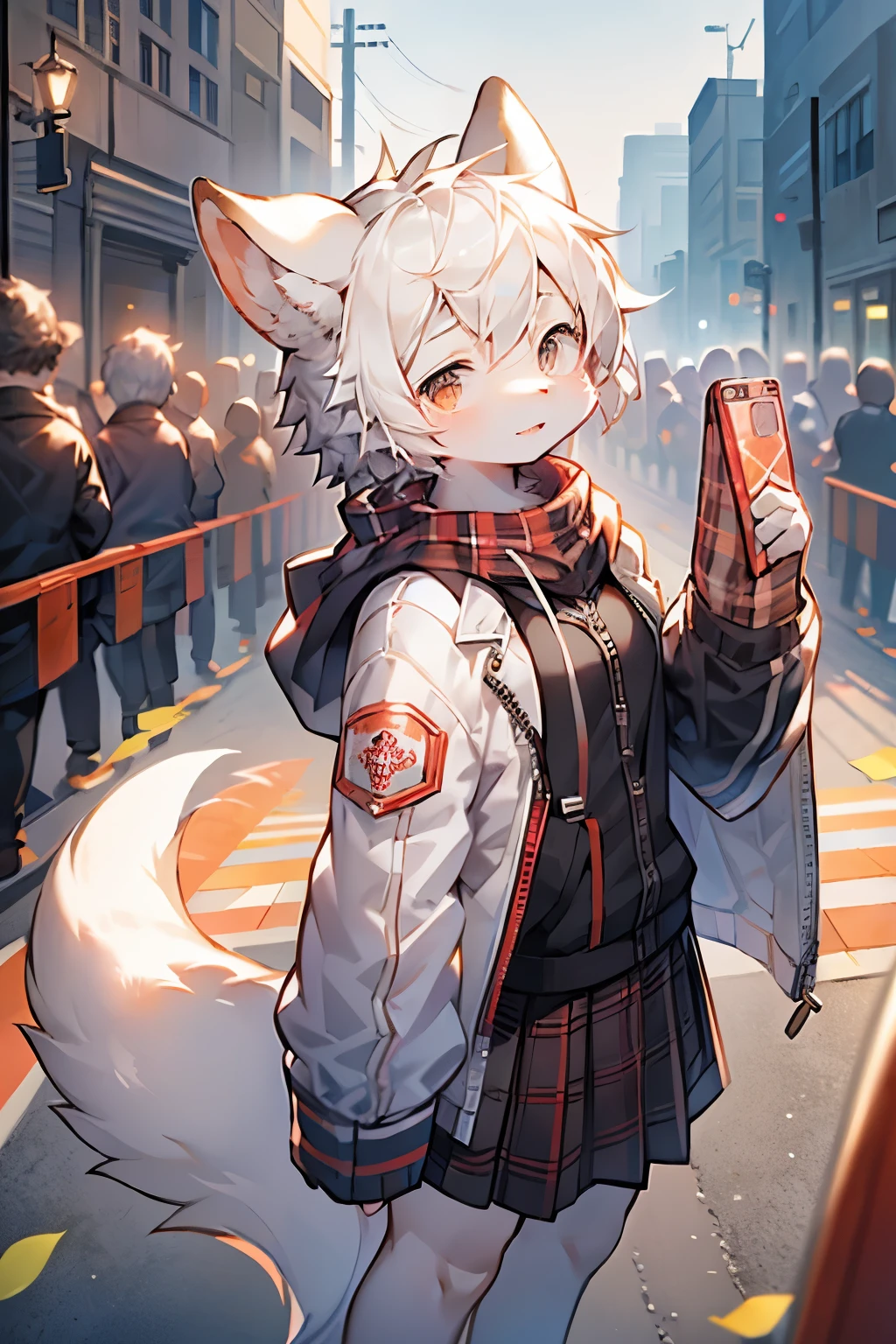 masterpiece, high quality, , Holding plaid long skirt, digital camera, White jacket,  Future-proof, Looking at the camera, whole body, Center of screen