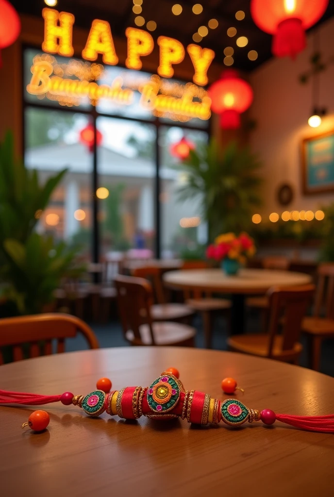 Generate a image of rakhi's mentioning cafe pollywood and happy rakshabandhan on background