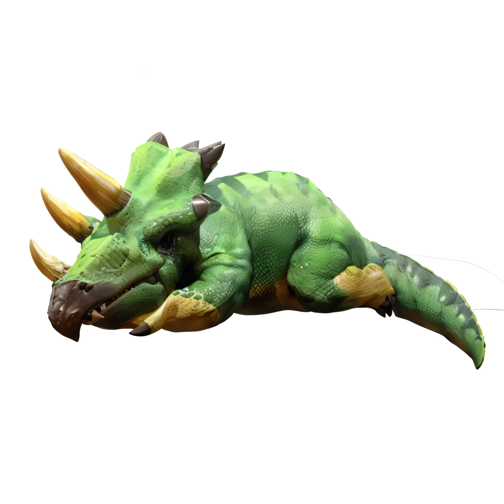 a triceratops dinosaur lying on a white surface, hyper-realistic 3d render, highly detailed, extremely detailed, intricate, photorealistic, cinematic lighting, extremely sharp focus, 8k, 4k, hyperrealistic texture, photorealistic scales, photorealistic skin, carnivorous dinosaur, jurassic scene, cinematic composition, dramatic pose, intense lighting, strong shadows, vibrant colors, green and yellow color scheme