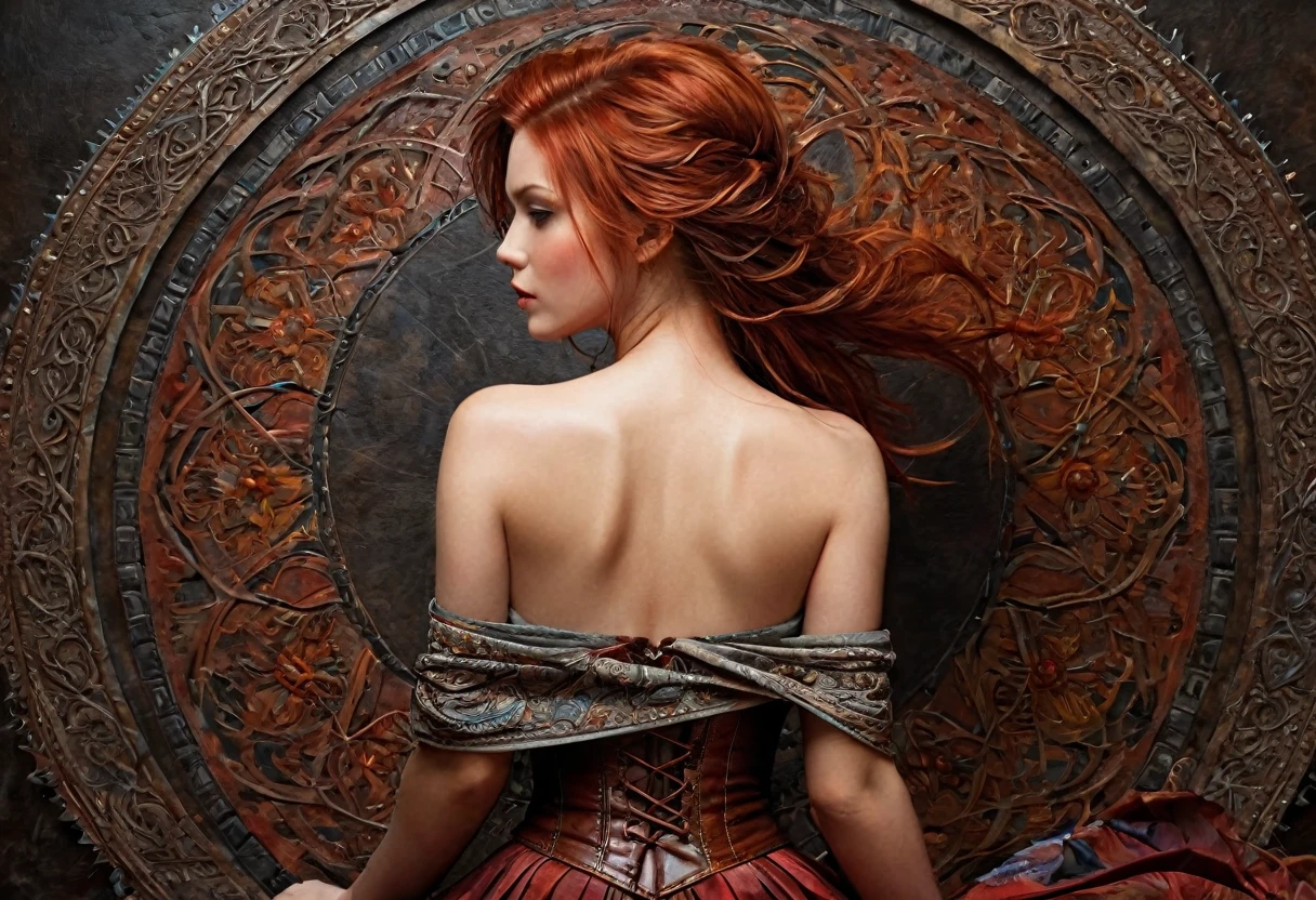 (full body with legs and feet ,back view)1girl, by Emily Kell and Luis Royo, 27 years old, official art, 8k wallpaper, full length, ultra detailed, beautiful and aesthetic, red hair, brown eyes, leather bust, skirt, A faint smile, masterpiece, best quality, realistic, extremely detailed, dynamic angle, (zentangle, mandala, tangle, entangle), the most beautiful form of chaos, elegant, a brutalist designed, vivid colors, romanticism, plasma flame