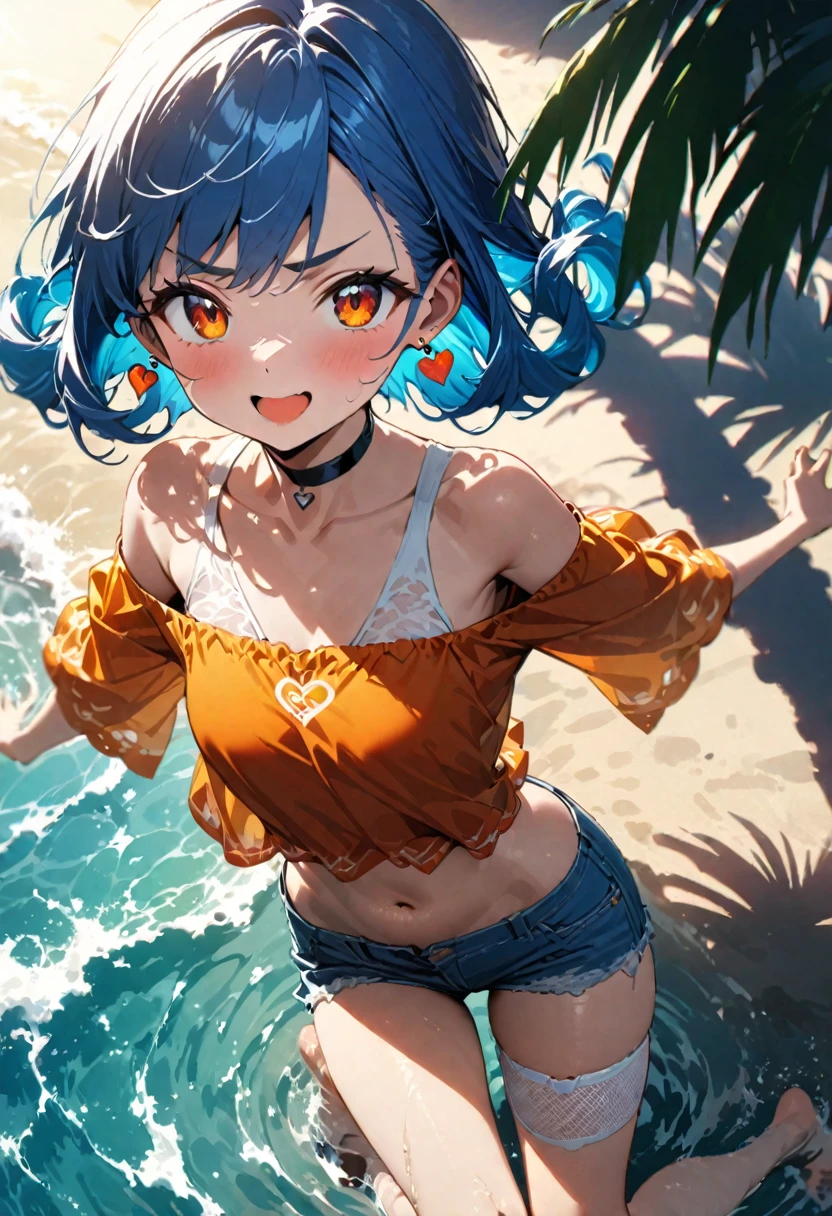 (Highest quality:1.2, Very detailed, Latest, Vibrant, Ultra-high resolution, High Contrast, Super Detail, masterpiece:1.2, Highest quality, Best aesthetics),cute,Blue Hair,short hair(Inward-curling hair ends),White mesh,big amber eyes,Bright,Worried Eyebrows、Energetic child、A cheerful smile、Laugh with your mouth open、(With open arms)、looks fun、Earrings、Choker on neck、Orange nail polish、Off-the-shoulder light blue denim fabric、Belly button、７Cropped skinny jeans(Damaged fabric on the right leg)、Sticker on the right thigh、Small heart sticker、background、(Exquisite lighting and shadows)、Ocean、Sandy Beach(My feet are in the water)、Palm tree、Splash、Strong sunlight、colorful、