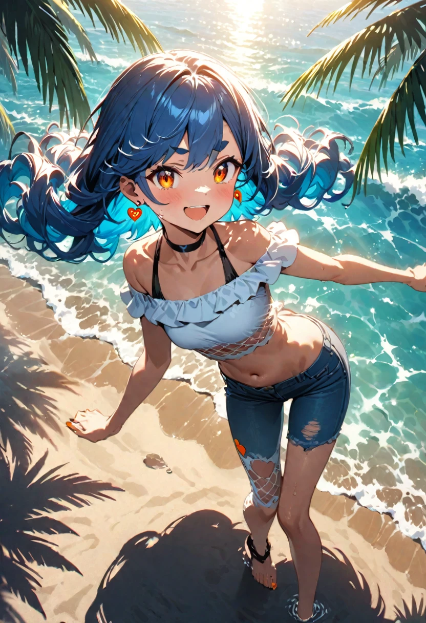 (Highest quality:1.2, Very detailed, Latest, Vibrant, Ultra-high resolution, High Contrast, Super Detail, masterpiece:1.2, Highest quality, Best aesthetics),cute,Blue Hair,short hair(Inward-curling hair ends),White mesh,big amber eyes,Bright,Worried Eyebrows、Energetic child、A cheerful smile、Laugh with your mouth open、(With open arms)、looks fun、Earrings、Choker on neck、Orange nail polish、Off-the-shoulder light blue denim fabric、Belly button、７Cropped skinny jeans(Damaged fabric on the right leg)、Sticker on the right thigh、Small heart sticker、background、(Exquisite lighting and shadows)、Ocean、Sandy Beach(My feet are in the water)、Palm tree、Splash、Strong sunlight、colorful、