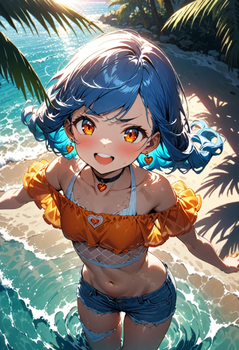 (Highest quality:1.2, Very detailed, Latest, Vibrant, Ultra-high resolution, High Contrast, Super Detail, masterpiece:1.2, Highest quality, Best aesthetics),cute,Blue Hair,short hair(Inward-curling hair ends),White mesh,big amber eyes,Bright,Worried Eyebrows、Energetic child、A cheerful smile、Laugh with your mouth open、(With open arms)、looks fun、Earrings、Choker on neck、Orange nail polish、Off-the-shoulder light blue denim fabric、Belly button、７Cropped skinny jeans(Damaged fabric on the right leg)、Sticker on the right thigh、Small heart sticker、background、(Exquisite lighting and shadows)、Ocean、Sandy Beach(My feet are in the water)、Palm tree、Splash、Strong sunlight、colorful、