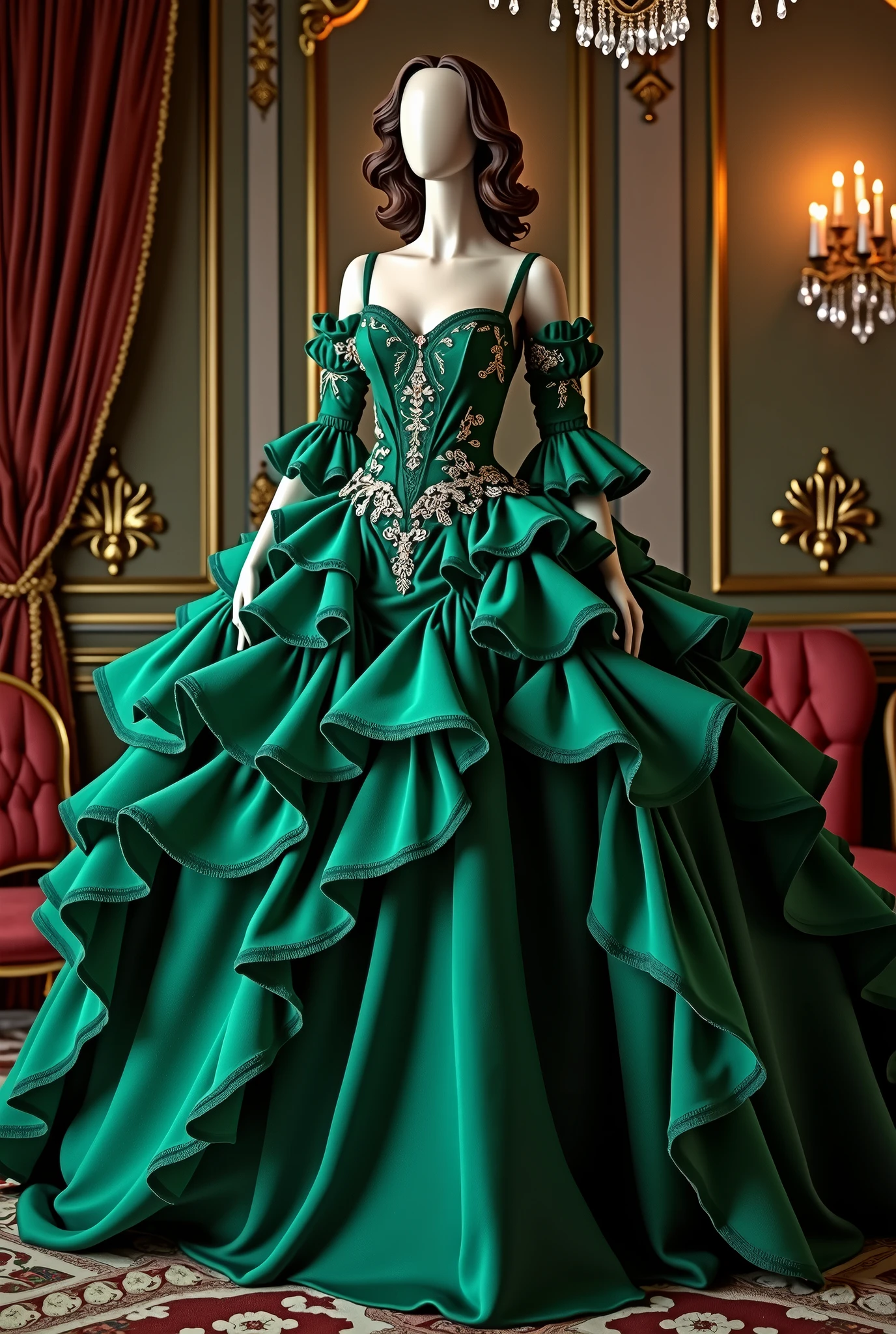 Brunette female mannequin dressed in a large extravagant dress