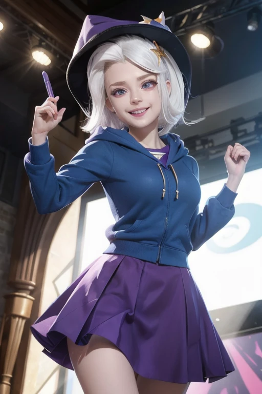 mlptrixie, white hair, wizard hat, purple eyes, colored skin, blue skin, star hair ornament, blue hoodie, purple skirt, looking at viewer, serious, grin, medium shot, action pose, holding a wand, on stage, bright lighting, high quality, masterpiece, 