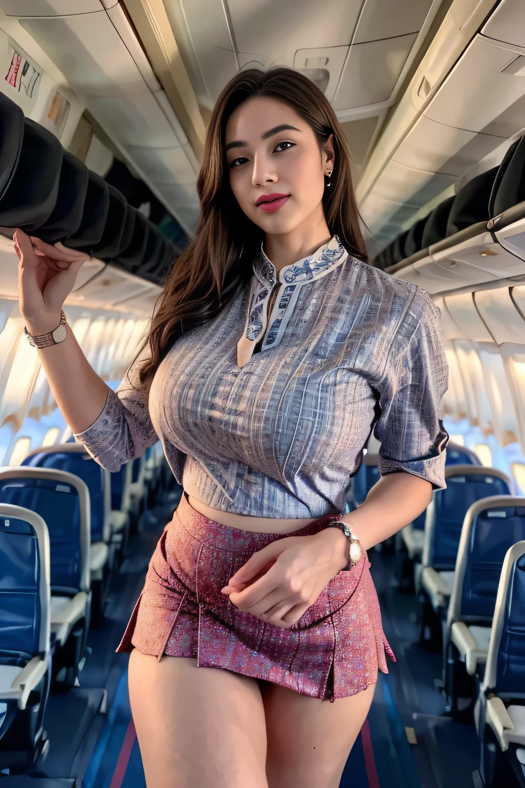 (best quality,4k,highres),ultra-detailed,realistic,cosplay, stewardess uniform, in the airport, (crowded:1.5), unbutton clothes, unbutton t-shirt, mini skirt, skirt lift up, open legs,beautiful woman,(big breasts:1.5), show nipples detailed, dark hairy pussy, pubic hair,vivid colors,portrait,soft lighting