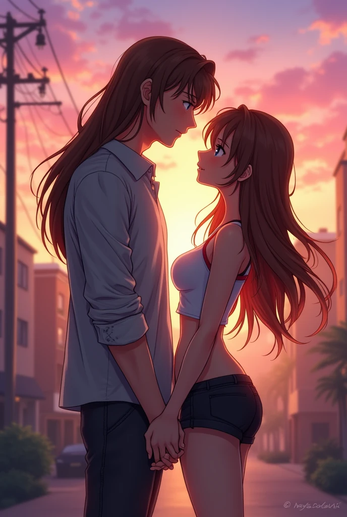 Make a man with long flowing brown hair, Standing, embracing a sensual, sexy girl in shorts and a crop top, with long brown hair and long bangs, anime style, adults standing, in love.