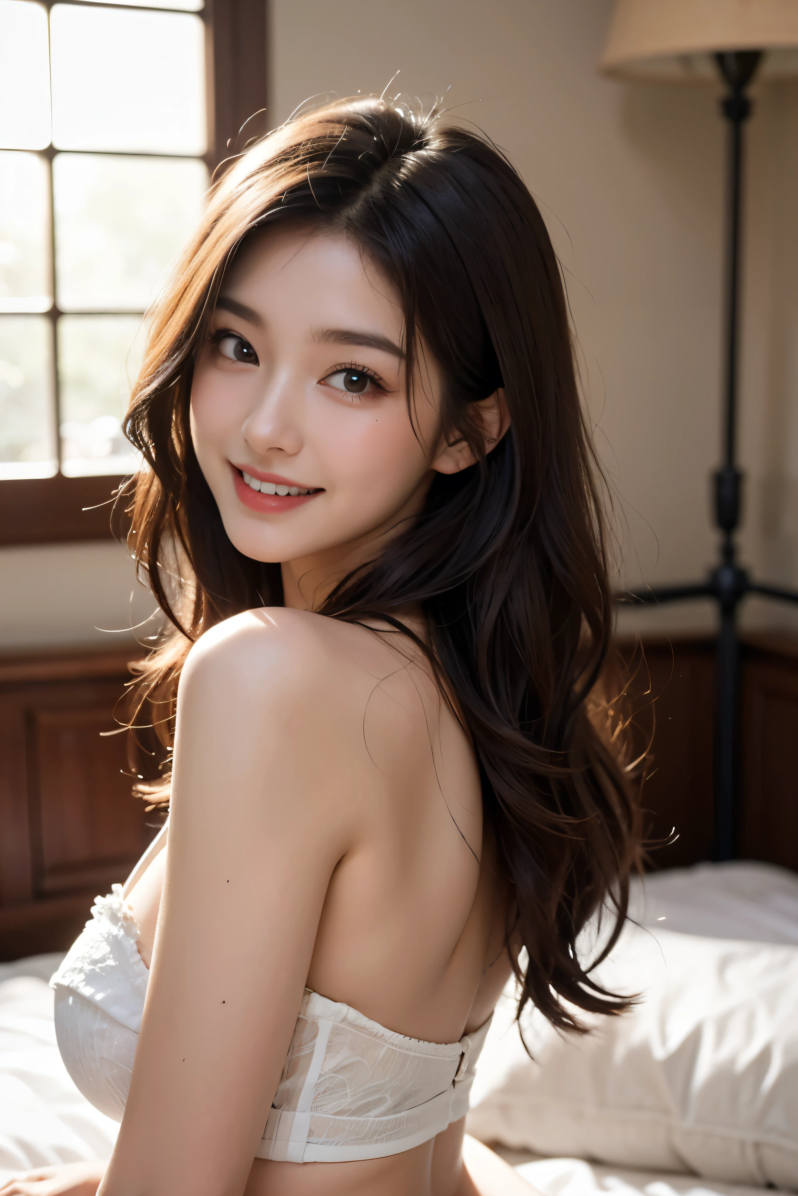 NSFW, full size body, (Realistic, Photorealistic: 1.37), (Masterpiece, Best Quality: 1.2), (Ultra High Resolution: 1.2), (RAW Photo: 1.2), (Sharp Focus: 1.3), (Face Focus: 1.2), (Ultra Detailed CG Unified 8k Wallpaper: 1.2), (Beautiful Skin: 1.2), (pale Skin: 1.3), (Hyper Sharp Focus: 1.5), (Ultra Sharp Focus: 1.5), ( Beautiful pretty face: 1.3), (Japanese actress face:1.3), (super detailed background, detail background: 1.3), BREAK, a very cute and beautiful Japan pictures of women, (sexy model), professional attire, (20 years old: 1.1), portrait of a girl with a bright smile, When viewed from the front, the composition is symmetrical, (Studio lighting: 1.3), (Cinematic lights: 1.3), ( backlight: 1.3), dim lighting, lighting that covers the whole body, looking straight at you, natural posing, break, (mahogany thin hair: 1.2, wavy bob hair:1.2), dark brown eyes, beautiful eyes, princess eyes, ((mahogany hair:1.3)), bangs, Hair between eyes, (voluptuous:1.47, curby), (medium-breast;1.37, sagging breasts:0.95), (thin waist: 1.05), (detailed beautiful girl: 1.4), BREAK, (Chest squeezed together, View viewer), Solo, Parted lips, Red lips, (shiny skin), sweat, (detailed resort hotel room background:1.2, bedroom, presenting, night), (Dishonest laughter, light seductive smile:1.15, incmoing:1.3, in heat:1.3), ((Perfect Female Body)), (Upper Body Image:1.3), Frame Head, Perfect Anatomy, Perfect Proportions, 8.5 Life-Size, Face Focus, Ultra Realistic Photo, Hyper Sharp Image, Hyper Detail Image