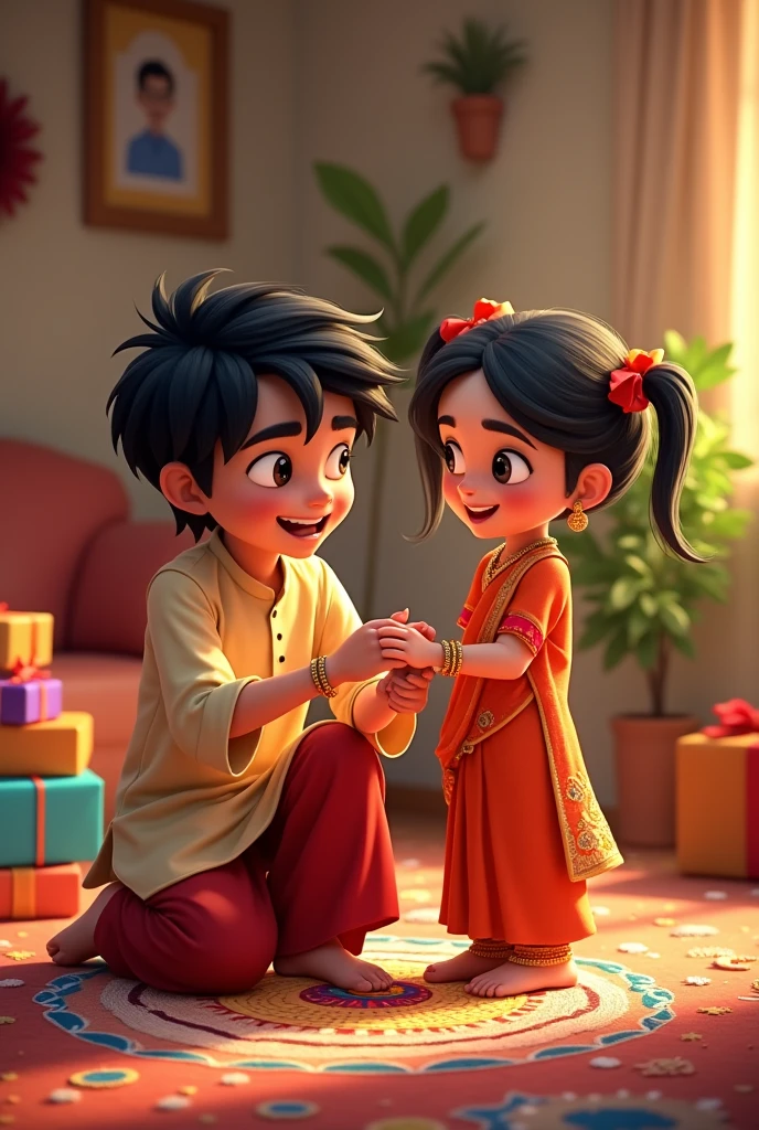 A boy aged 20 years with black hair, wearing kurta and dhoti and a girl aged 10 years wearing salwar suit
Make a Disney Pixar-style poster, inside home celebrating raksha bandhan make a photo 9 : 16 aspect ratio