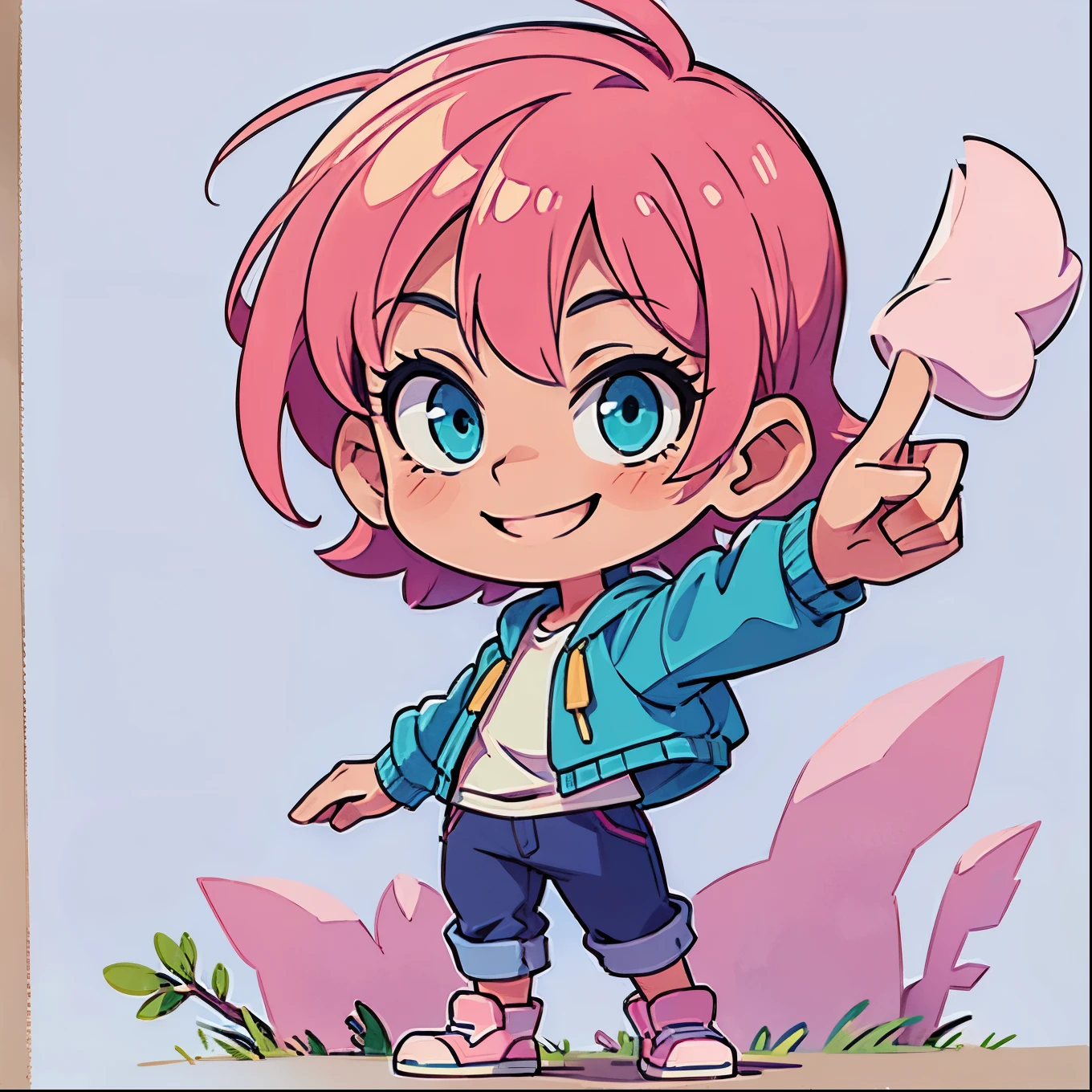 ((Cool smile))、Pink hair、short hair、Blue-green eyes、Simple clothes、Pointing Up