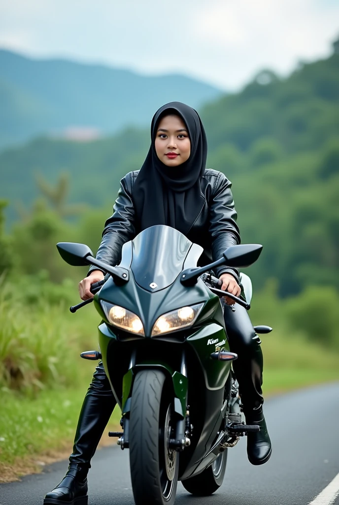 a beautiful woman aged 20 years typical of Indonesia wearing a hijab wearing a black jacket shiny pants cool shoes riding a motorcycle ninja kawasaki 4 not on the asphalt road cool background