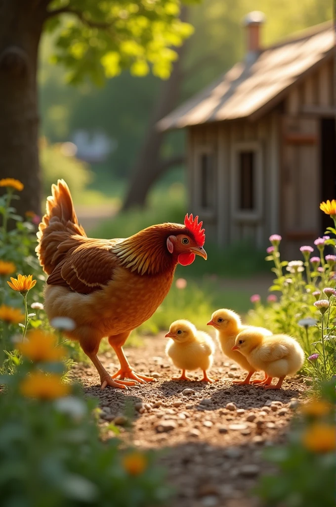 Create an image feeding chicken to her baby 