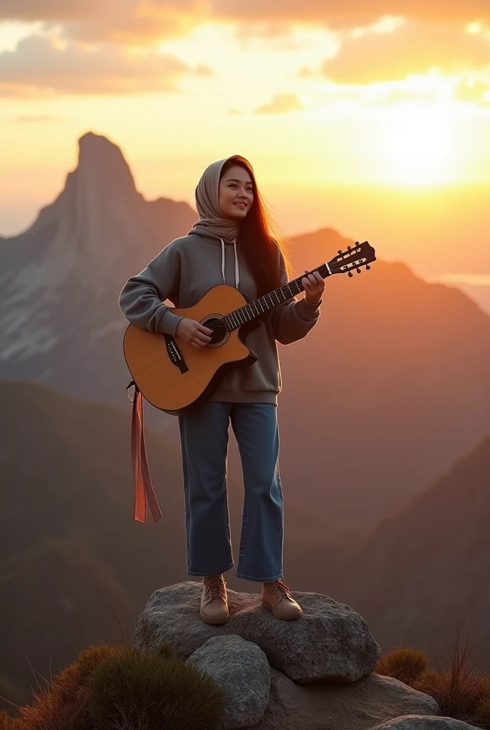 best quality,30 year old beautiful korean hijab woman, pretty face,faint smile.long hair, wearing a hijab, hoodie, long jeans.and play folk guitar. standing on the top of the mountain.
INFORMATION