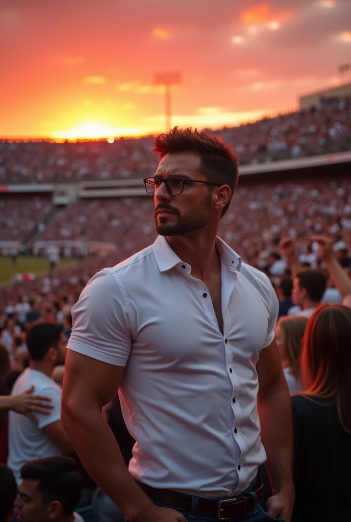 30 years old man wearing white shirt full hand standing in crowd of people in stadium reddish dramatic evening sunset