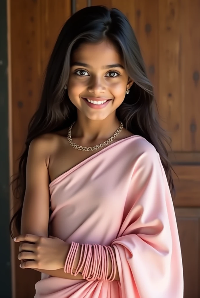 Indian girl with light pink colour saree
, with open hairs on left shoulder ,with blurred wooden background , looking straight, body facing towards the camera with a adult smile , with 5 pink colour bangles , with a simple necklace 