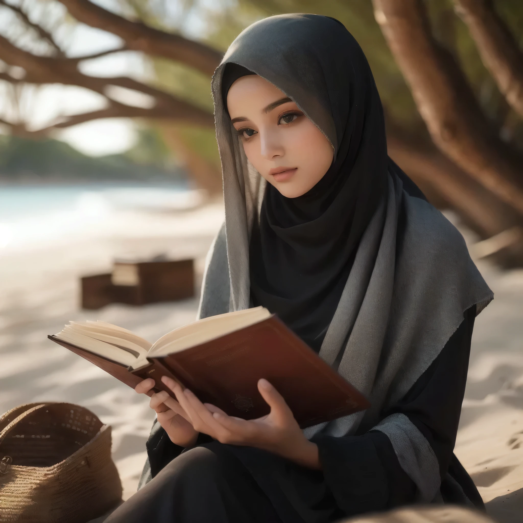 woman in hijab reading a book on the beach, reading a book, reading new book, reading the book about love, beautiful image, village girl reading a book, hijab, muslim, reading, beautiful depiction, beautiful, portrait shot, beautifully, beautiful female, serene, thoughtful, beautiful masterpiece, islamic, illustrative, absolutely outstanding image, beautiful arab woman, book portrait
