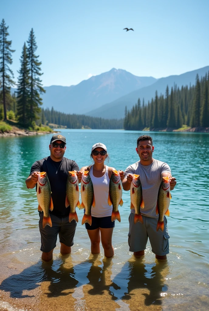 Nice Clear water lake 3 hispanic people fishing holding 3 big fish