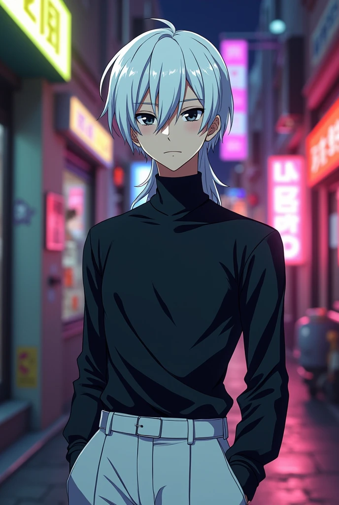 skinny man,white,corte de pelo center part mullet color white hojos negros ojeras polera negra pantalon white de escuela anime
