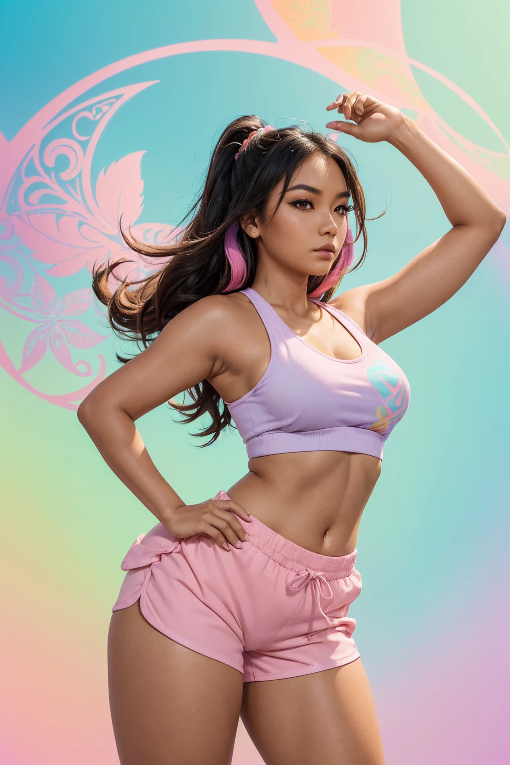 (Sexy tanned Polynesian|Asian woman, 1girl:1.2, thicc hourglass figure, perfect eyeliner:1.2), (masterpiece:1.4, best quality), medium breasts, unity 8k wallpaper, ultra detailed, (pastel background, wearing gym shorts and colorful tank top:1.3), alluring pose, upper body, ass, beautiful and aesthetic, detailed, solo