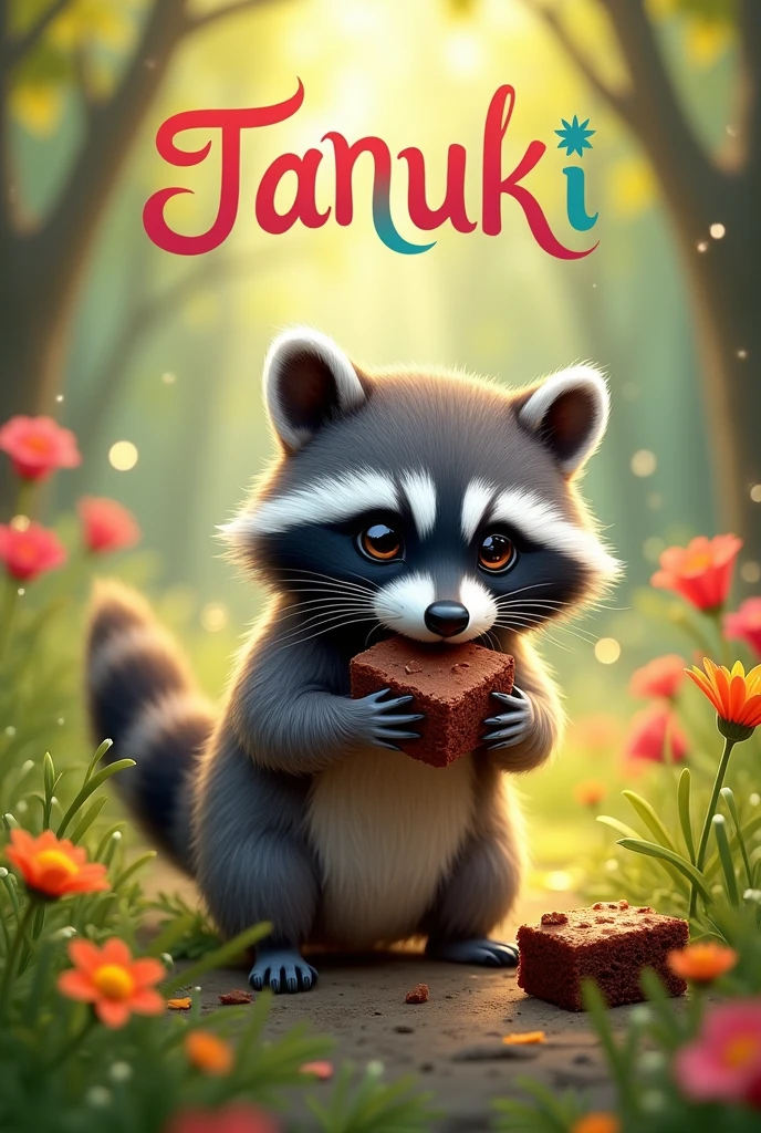 Raccoon eating a brownie with a title that says tanuki