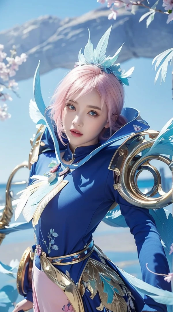 Woman with pink long hair, woman with beautiful face, woman with beautiful blue round eyes, woman with blue feather wing on her right hand, beautiful woman with pink lipstick, morning background, woman with beautiful pink flower on her blonde short hair, woman using pink skirt, woman with gold Root accessories on her body, woman on green leaf background, woman with golden accessories on her head, woman using blue dress and pink white gradient color, drees and hair good with original picture