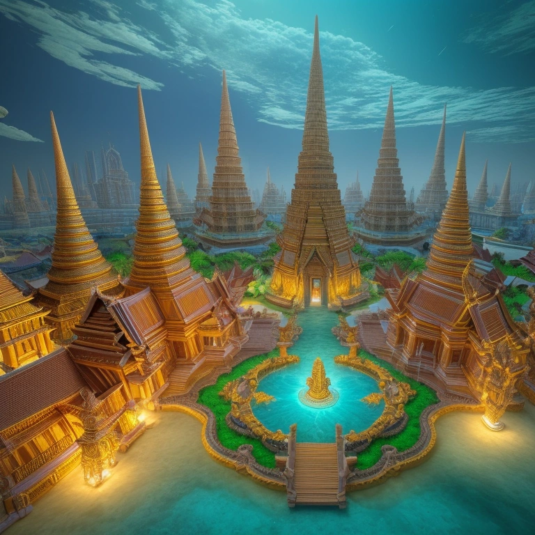 Create a grand and majestic underwater city inspired by Thai mythology, using Unreal Engine 5 for realistic and immersive visuals. The city should be vast, with elaborate golden temples, towering pagodas, and intricate sculptures of mythical creatures like Naga. The architecture should be traditional Thai style, with ornate details and vibrant colors. Surround the city with crystal-clear waters, colorful coral reefs, and schools of tropical fish. The atmosphere should be mystical, with shafts of sunlight filtering through the water, casting an ethereal glow over the entire scene. Make the city appear ancient, with signs of time and nature blending into the structures, giving a sense of history and mystery
