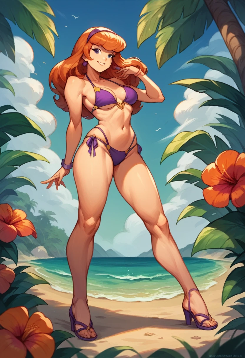 Daphne Blake in a bikini, smiling, sexy, full body on a deserted beach.