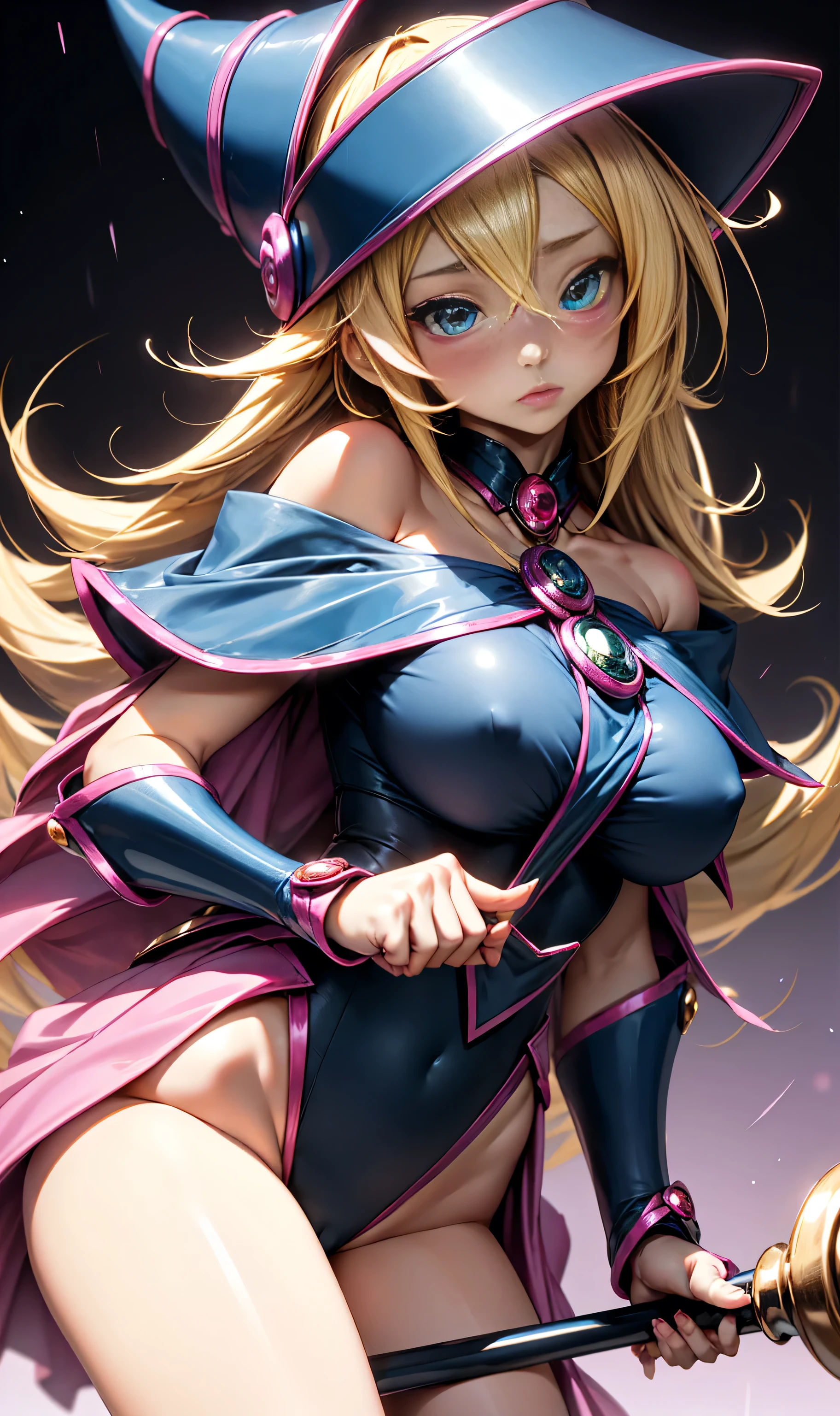 black magician girl、super chestousthick、very blonde hair、magic circle、8k, 4k, of the highest quality, High resolution: 1.2),flicker、an exposed breast、cute anime face、pink blush on the cheeks.、noise removal、Leotard that bites、have a cane、Hold your cane、