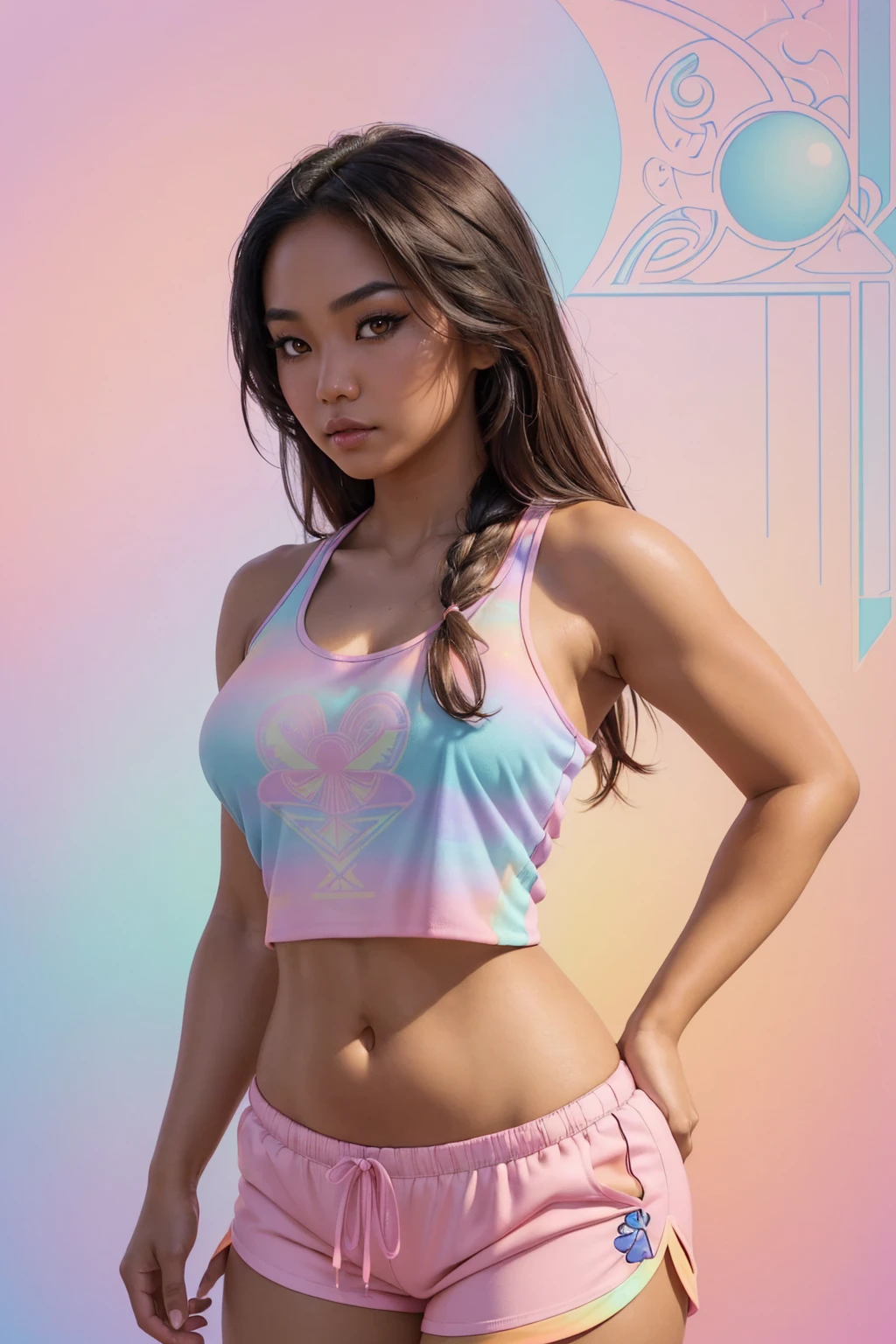 (Sexy tanned Polynesian|Asian woman, 1girl:1.2, thicc hourglass figure, perfect eyeliner:1.2), (masterpiece:1.4, best quality), medium breasts, unity 8k wallpaper, ultra detailed, (pastel background, wearing gym shorts and colorful tank top:1.3), alluring pose, upper body, ass, beautiful and aesthetic, detailed, solo