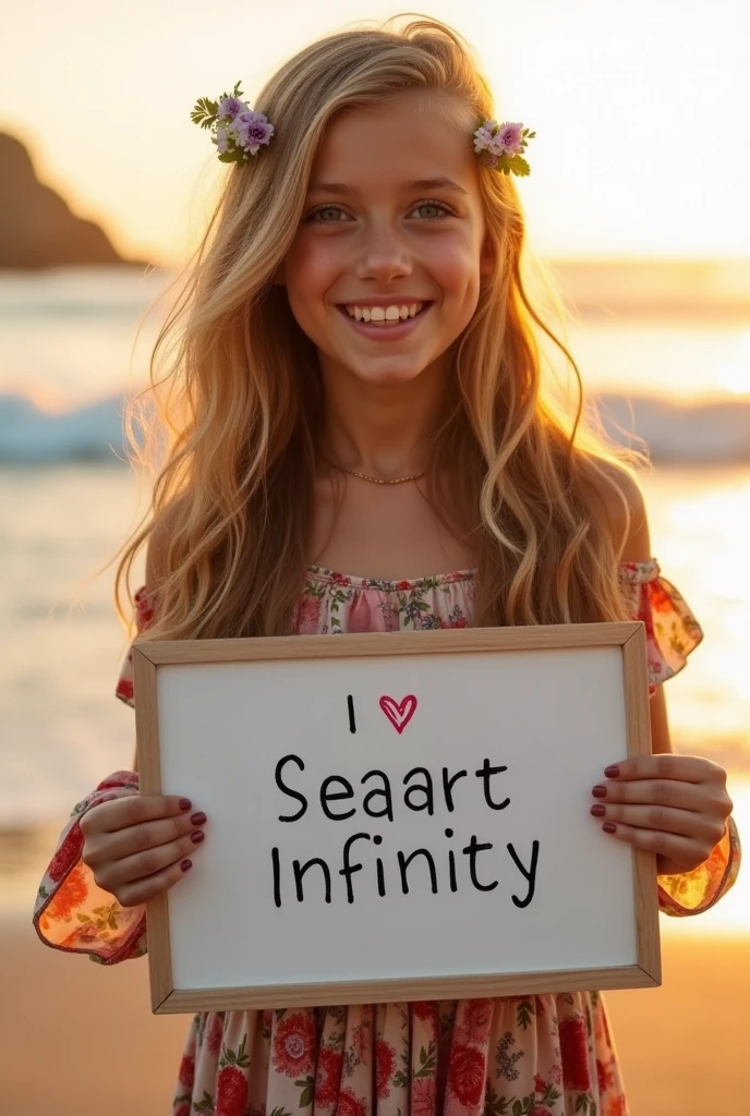 Beautiful girl with wavy long hair, bohemian dress, holding a white board with text "I Love Seaart Infinity" and showing it to the viewer