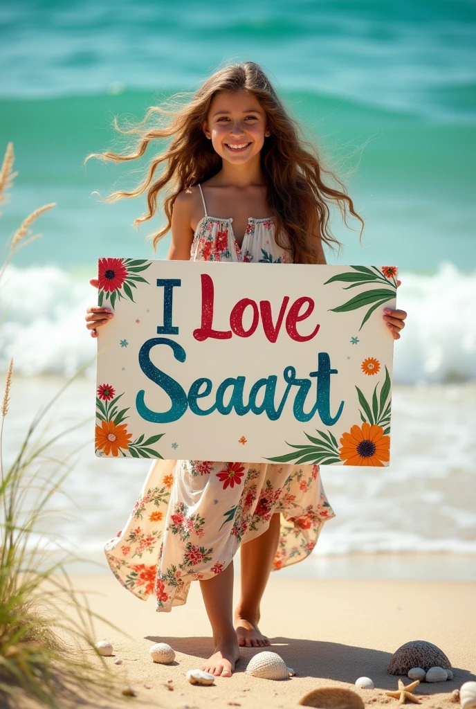 Beautiful girl with wavy long hair, bohemian dress, holding a white board with text "I Love Seaart Infinity" and showing it to the viewer
