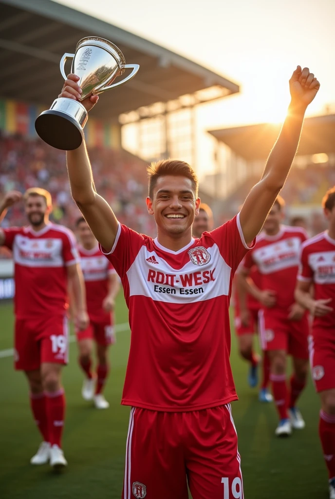 A -yeld sor player holding a trophy in his hand, celebrates with his colleagues,Wears a red and white jersey with the number 9,The jersey says Rot-Weiss Essen, photographed from behind 