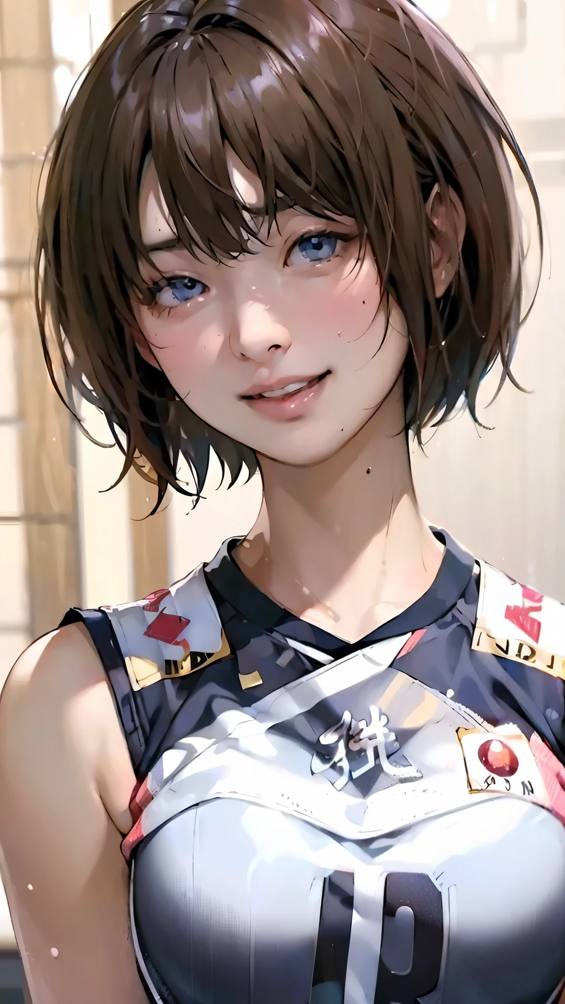 perfection、masterpiece、(Highest quality、High resolution:1.2)、 1 person、Beautifully detailed eyes、Beautiful pink lips、Highly detailed eyes and face、Bright colors、HDR、Studio Lighting、Ultra-fine painting、Sharp focus、Physically Based Rendering、Extremely detailed depiction、Moderate bust、perfectionな形、Facing the viewer、Sweat、smile、Volleyball Player、((Sleeveless Japanese national volleyball uniform))、Bobcut