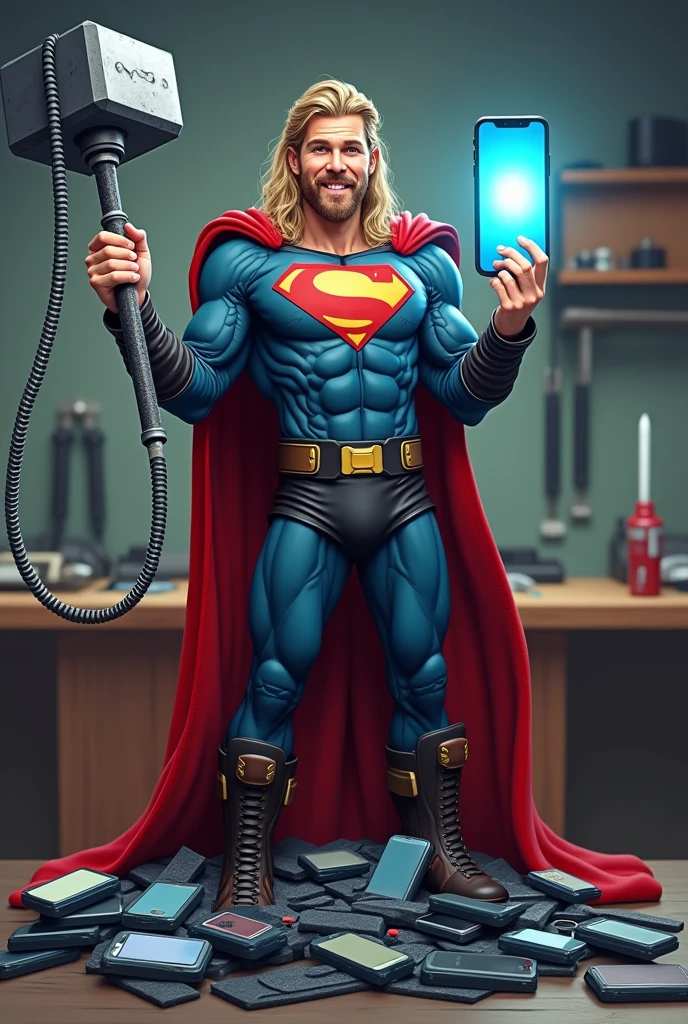 (Photorealism), (realistic) A humorous scene of a superhero-themed iPhone repairman standing in a repair shop. The repairman is dressed in a superhero outfit with a cape made of phone cables, holding a giant screwdriver like Thor's hammer in one hand, and a perfectly repaired glowing iPhone in the other. The background features a cartoon-style repair shop with exaggerated oversized tools and broken iPhones scattered around. The repairman stands triumphantly over a pile of broken phones, giving off a confident and victorious vibe.