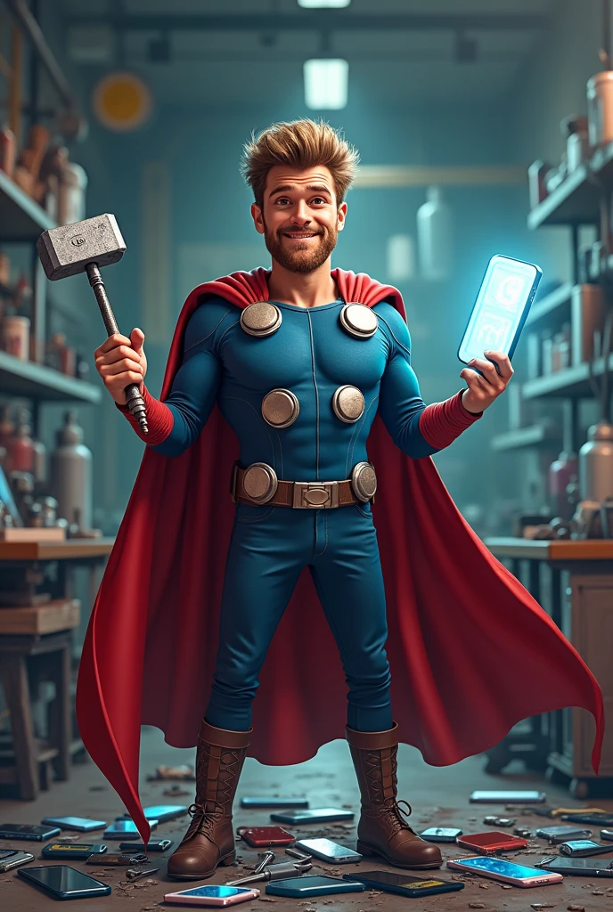 (Photorealism), (realistic) A humorous scene of a superhero-themed iPhone repairman standing in a repair shop. The repairman is dressed in a superhero outfit with a cape made of phone cables, holding a giant screwdriver like Thor's hammer in one hand, and a perfectly repaired glowing iPhone in the other. The background features a cartoon-style repair shop with exaggerated oversized tools and broken iPhones scattered around. The repairman stands triumphantly over a pile of broken phones, giving off a confident and victorious vibe.