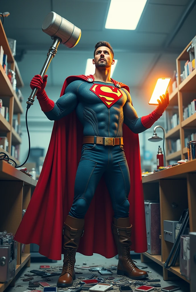 (Photorealism), (realistic) A humorous scene of a superhero-themed iPhone repairman standing in a repair shop. The repairman is dressed in a superhero outfit with a cape made of phone cables, holding a giant screwdriver like Thor's hammer in one hand, and a perfectly repaired glowing iPhone in the other. The background features a cartoon-style repair shop with exaggerated oversized tools and broken iPhones scattered around. The repairman stands triumphantly over a pile of broken phones, giving off a confident and victorious vibe.