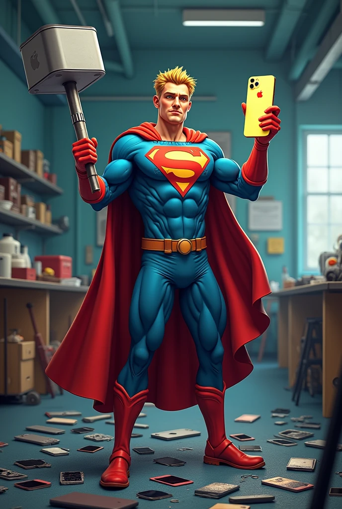 (Photorealism), (realistic) A humorous scene of a superhero-themed iPhone repairman standing in a repair shop. The repairman is dressed in a superhero outfit with a cape made of phone cables, holding a giant screwdriver like Thor's hammer in one hand, and a perfectly repaired glowing iPhone in the other. The background features a cartoon-style repair shop with exaggerated oversized tools and broken iPhones scattered around. The repairman stands triumphantly over a pile of broken phones, giving off a confident and victorious vibe.
