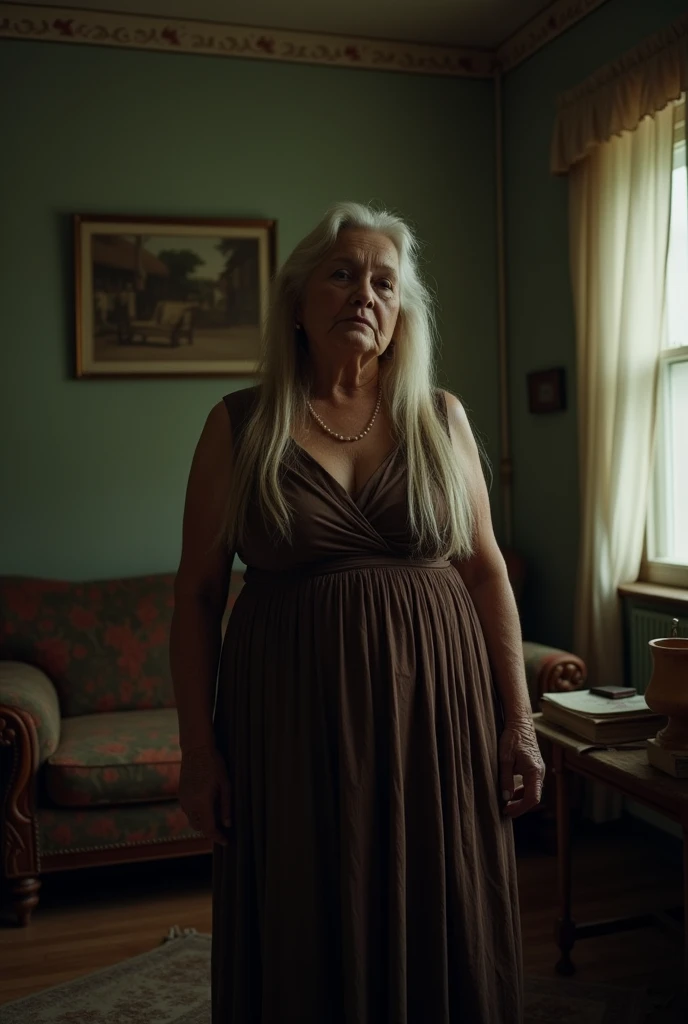 An elderly lady of 62 years old with an obese body and feminine features, waxed, with long straight hair.. She is completely naked and standing in a dark and shabby living room.