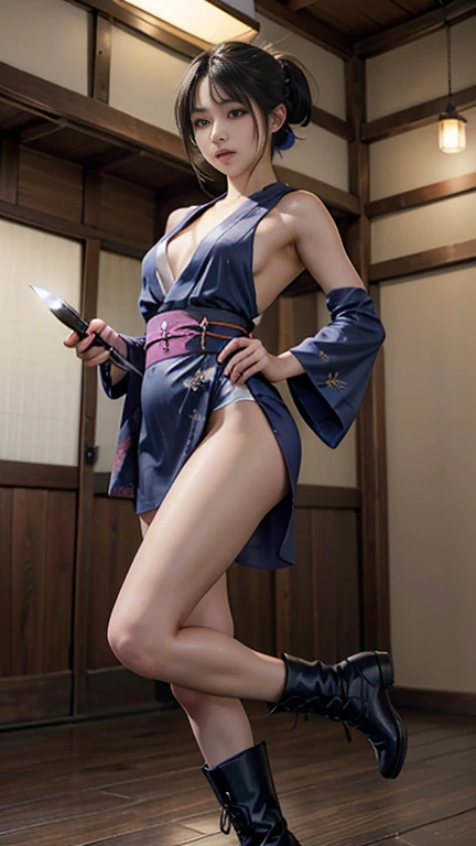 (8k、RAW Photos、Highest quality、masterpiece:1.2)、(Realistic)、One woman、((A purple and white furisode kimono、Navy blue))((I can see your shoulders、Small breasts、boots、Black hair ponytail))(Thigh 1.2)、((whole body、View from the front、Looking into the camera、Holding a Japanese sword))、(A youthful face with beautiful eyes..3)、