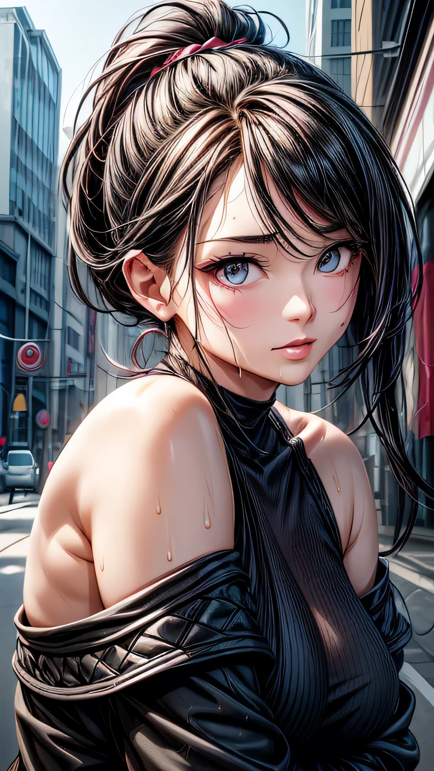 ((Face close-up))、Attractive 25 year old woman, one person, (((so beautiful 25 year old woman))), cute、If you look at this、 Adult female, Curved body, Thick body, A voluptuous figure and especially large breasts, DD size breasts, Her body remains well-proportioned and attractive even in middle age., Detailed face、Detailed body、So cute face, Glossy Lips, Double eyelids on both eyes,Natural Face、Natural Makeup, Long eyelashes, Shiny and smooth hair、Perfect limbs, Perfect Anatomy, (Wet with sweat), sexly、smile、Dark black hair, Shoulder-length hair, Dark black hair in a Shoulder-length hairstyle, Black Eye, Hair tied up on top of her head, Mature face, so beautiful, loose tops, pants, Punk-style clothing, tracing, City Street. masterpiece, 最high quality, high quality, High resolution, ((Face close-up))、Face close-up